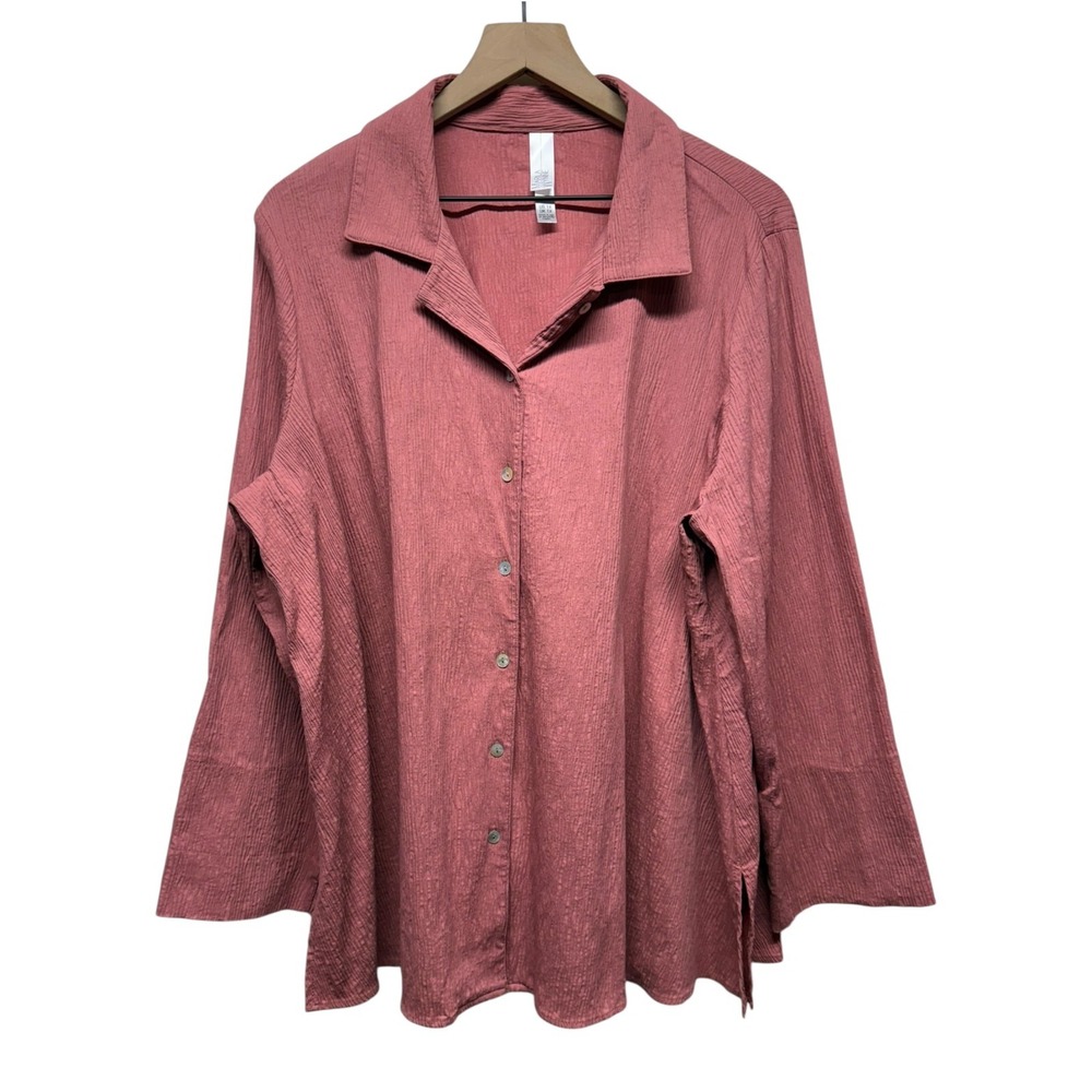 Wynne Layers Womens Button Up Tunic‎ Sz 1X Lagenlook Pink Long Sleeve Textured